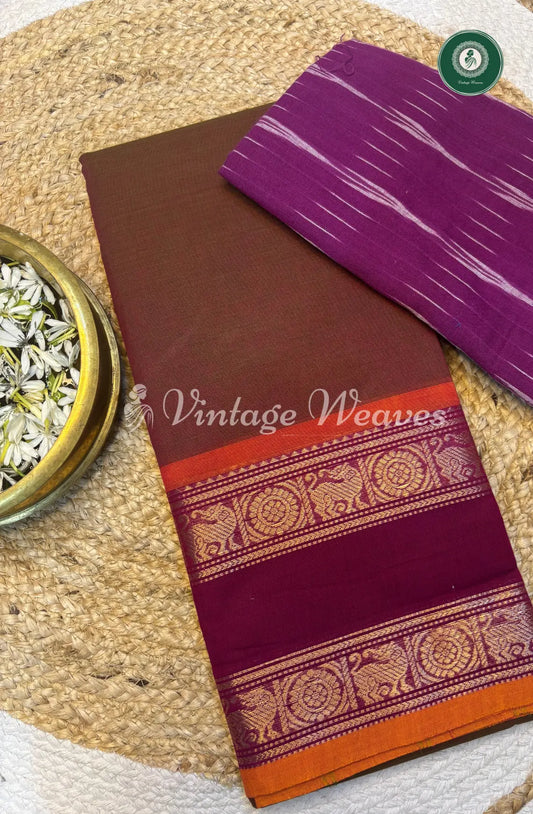 Chettinad cotton saree-Marron with purple