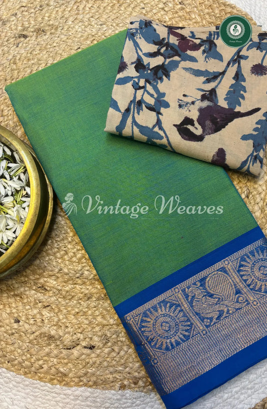 Chettinad cotton saree-SeaGreen with Blue