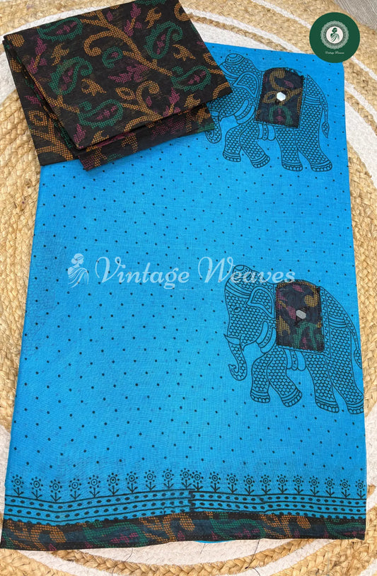 Cotton Embroidered Saree Elephant print -Blue