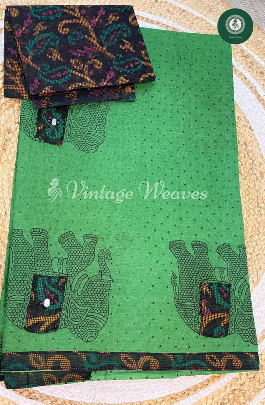 Cotton Embroidered Saree Elephant print - Green