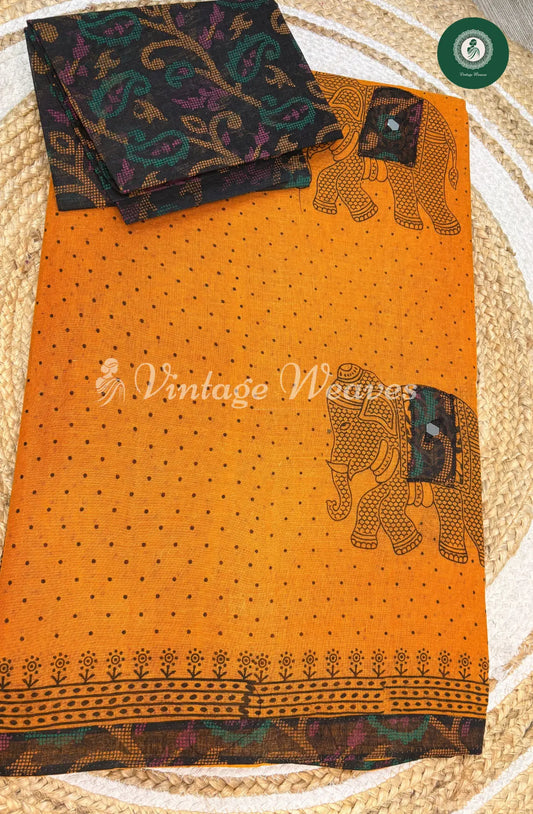 Cotton Embroidered Saree Elephant print -Yellow