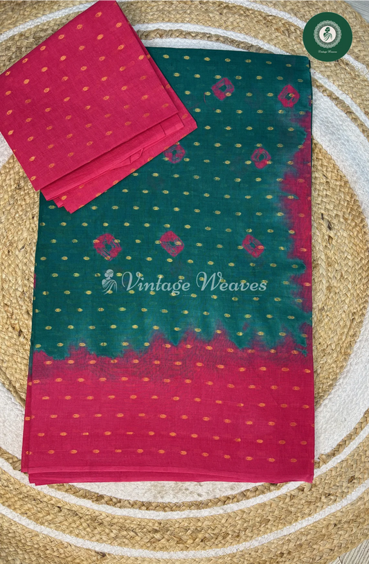 CottonSaree With GoldenDots-BlueWithPink