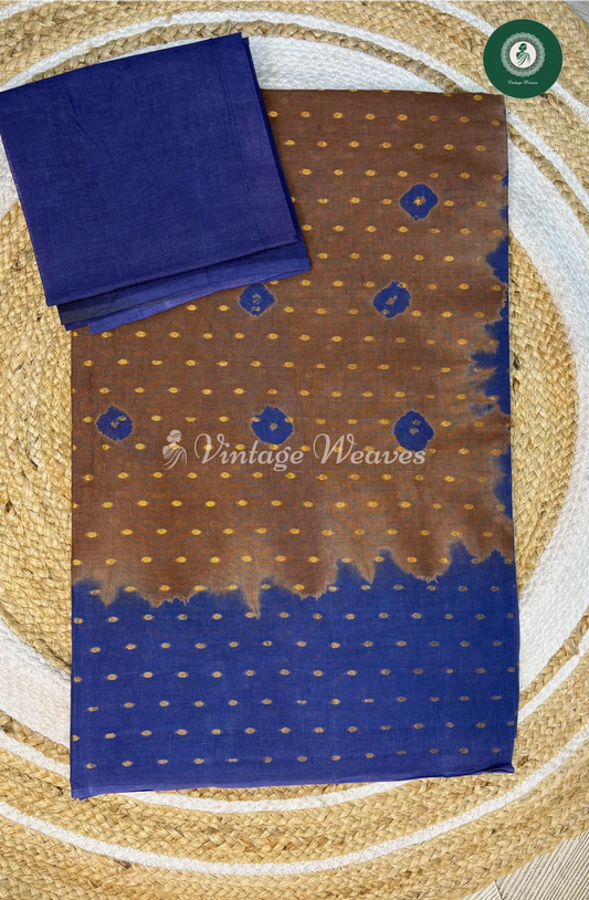 CottonSaree With GoldenDots-BrownWithBlue