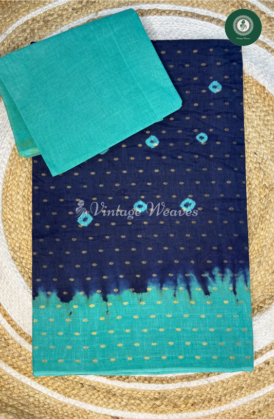 CottonSaree With GoldenDots-DarkBlue With SkyBlue