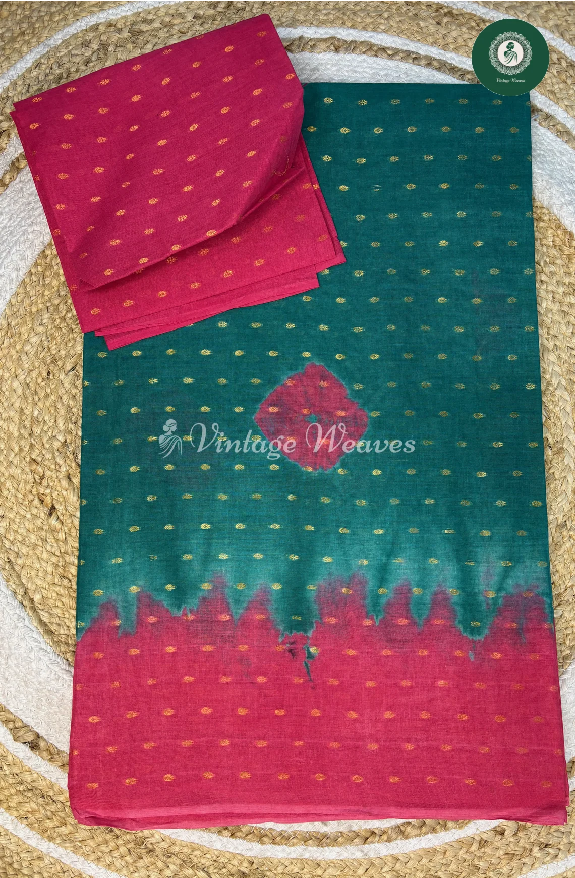 CottonSaree With GoldenDots-LightBlue With Pink