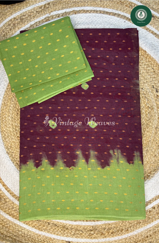 CottonSaree With GoldenDots-MarronWithGreen
