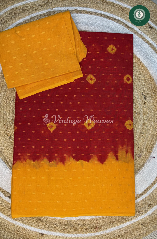 CottonSaree With GoldenDots-RedWithYellow