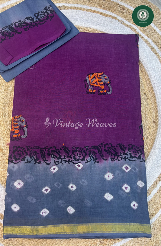 CottonSaree With HandPrintedBody-Purple