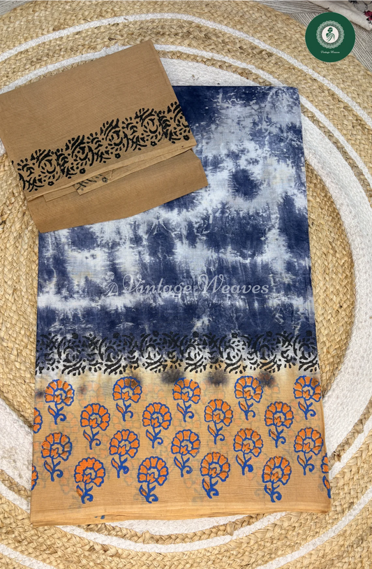 Cotton Saree With PrintedDesign-Bluewithskin