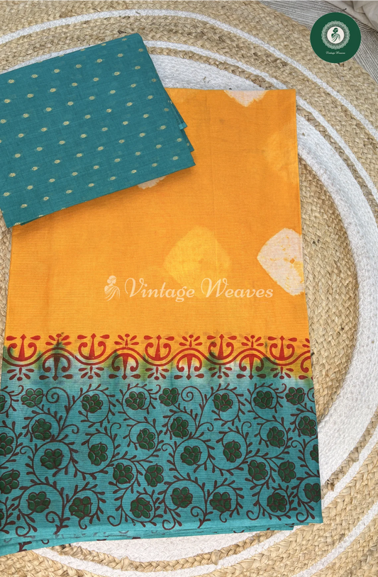 Cotton Saree With PrintedDesign-YellowWithBlue