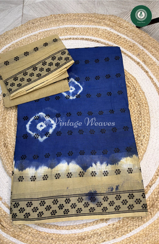 Cotton Saree With Weaving Butta-BlueWithSkin