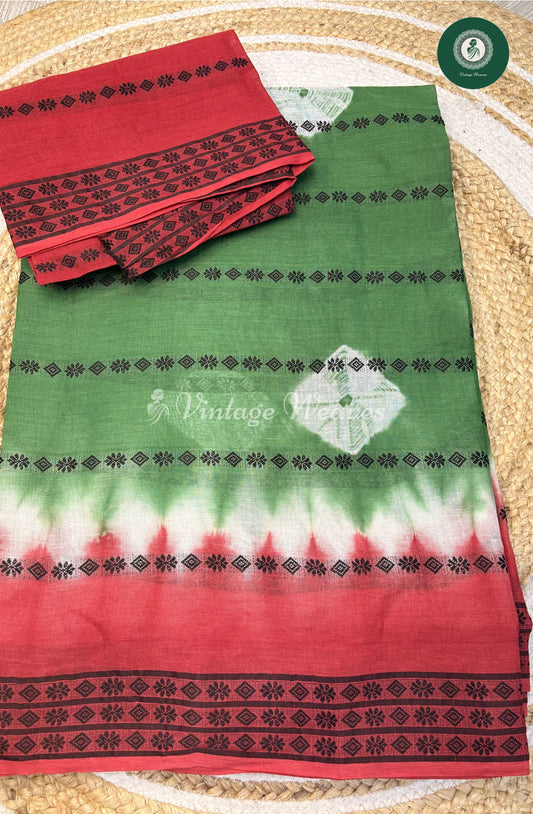 Cotton Saree With WeavingButta-GreenWithRed