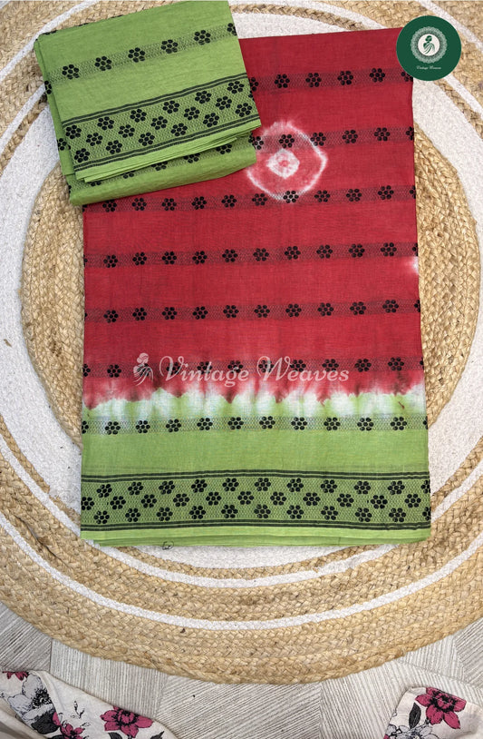 Cotton Saree With Weaving Butta-RedWithGreen