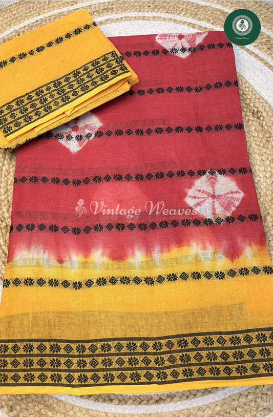 Cotton Saree With WeavingButta-RedWithYellow