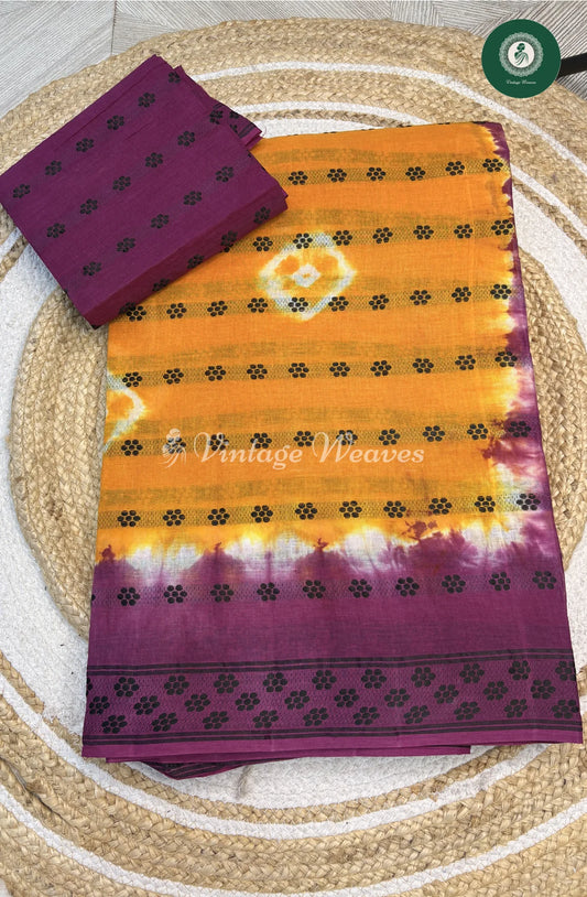 Cotton Saree With Weaving Butta-YellowWithPurple