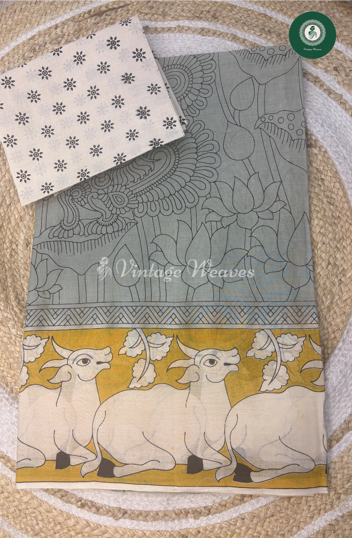 Cow Printed Cotton Saree -Grey
