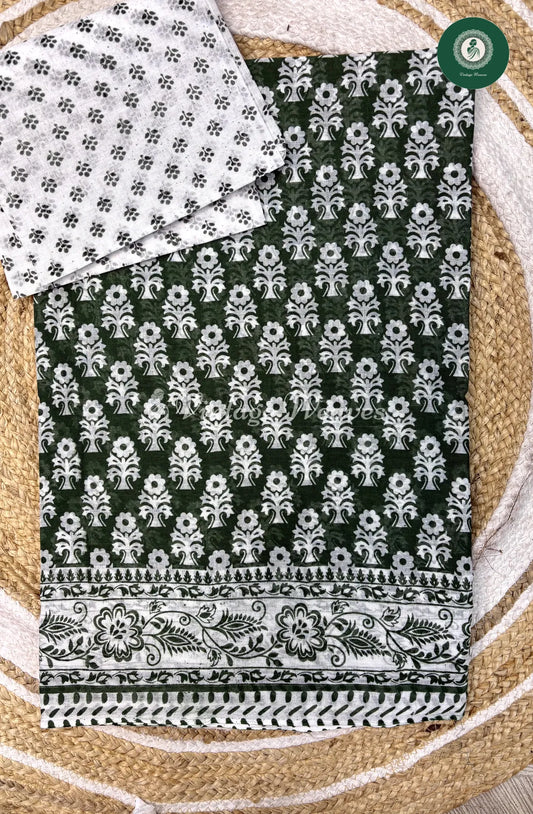 Daily Wear Cotton Flower Printed With White Blouse -Green
