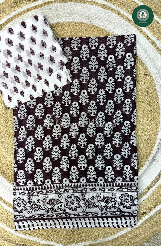 Daily Wear Cotton Flower Printed With White Blouse -Marron