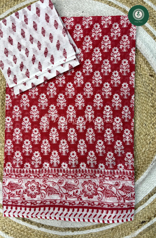 Daily Wear Cotton Flower Printed With White Blouse -Red
