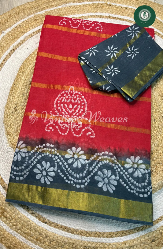 Daily Wear Cotton Flower Zari design-Red with Blue