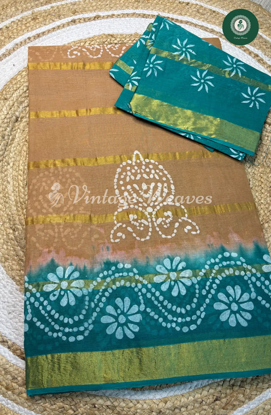 Daily Wear Cotton Flower Zari design-Sandal with TealGreen
