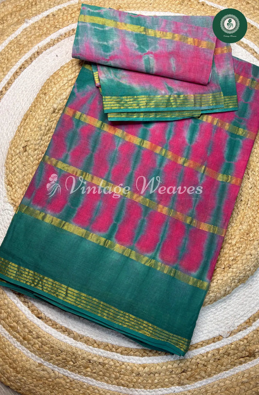 Daily Wear Cotton Golden Stripes-Pink with Green