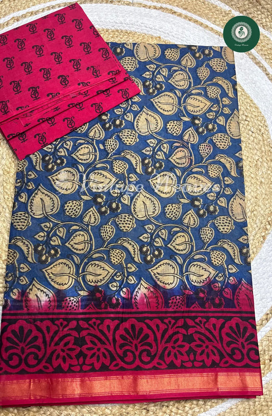 Daily Wear Cotton Kalamkari Printed Saree -Blue