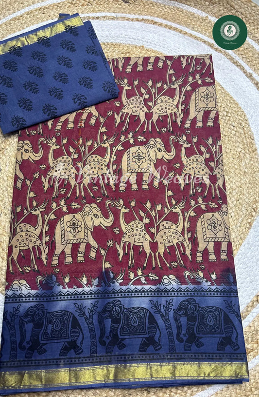Daily Wear Cotton Kalamkari Printed Saree With Elephant Motif-Marron With Blue