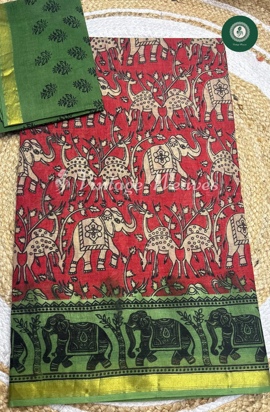 Daily Wear Cotton Kalamkari Printed Saree With Elephant Motif-Red  With  Green