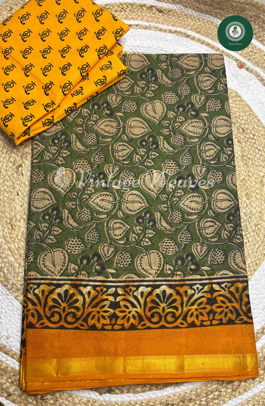 Daily Wear Cotton Leaf Kalamkari Printed Saree -Green With Yellow