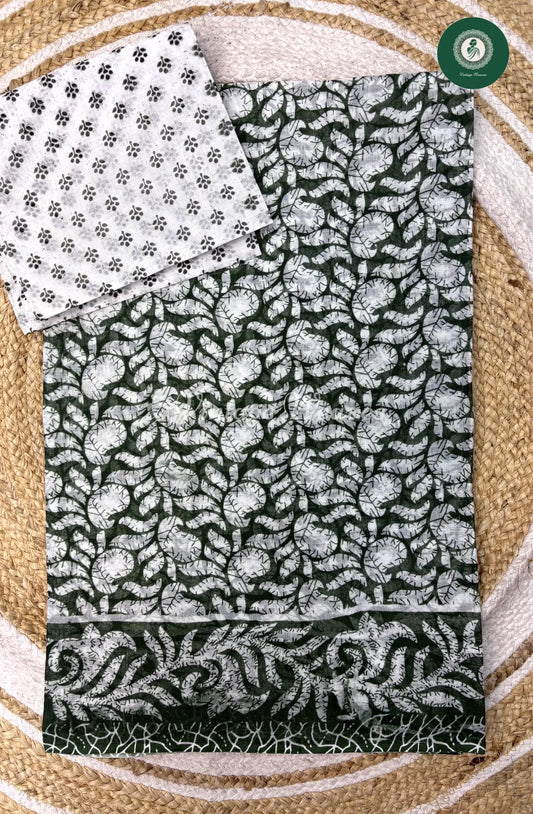 Daily Wear Cotton Mango With White Blouse-DarkGreen