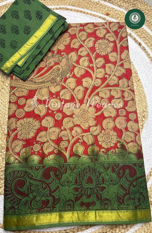 Daily Wear Cotton Peacock  Motif Kalamkari Printed Saree -Red With Green
