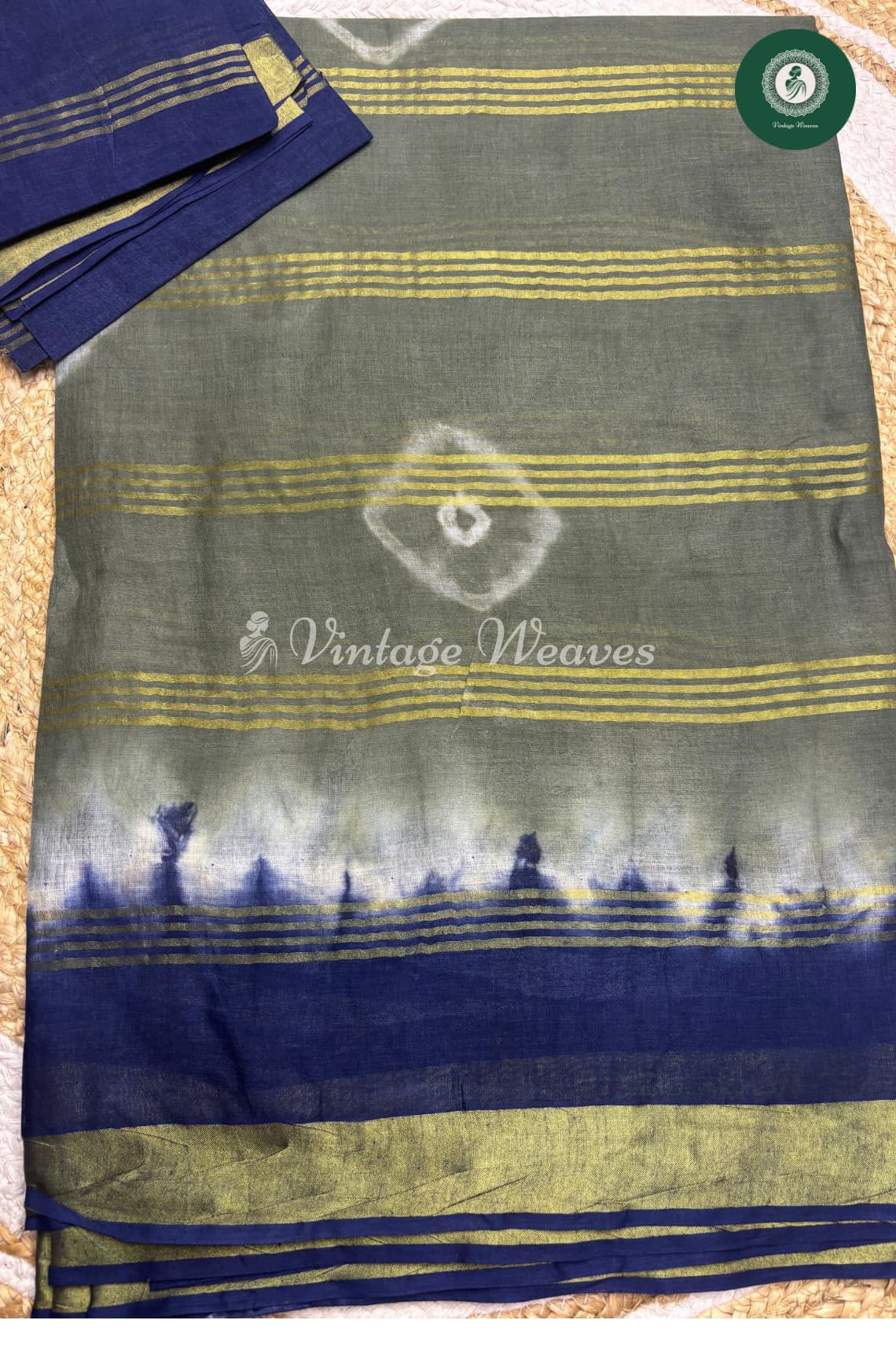 Daily  Wear Cotton Printed Saree-Grey With Blue