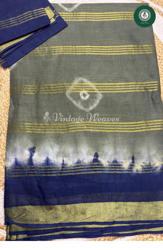 Daily  Wear Cotton Printed Saree-Grey With Blue