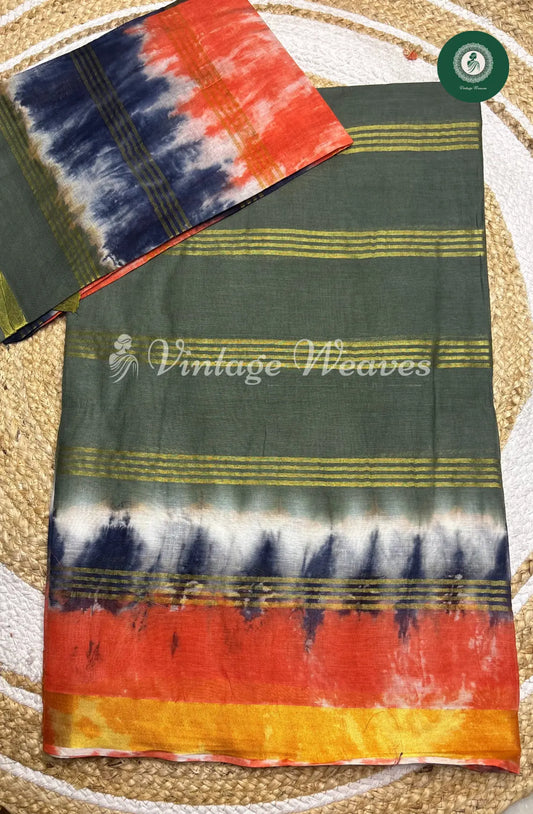 Daily  Wear Cotton Printed Saree-Grey With Orange