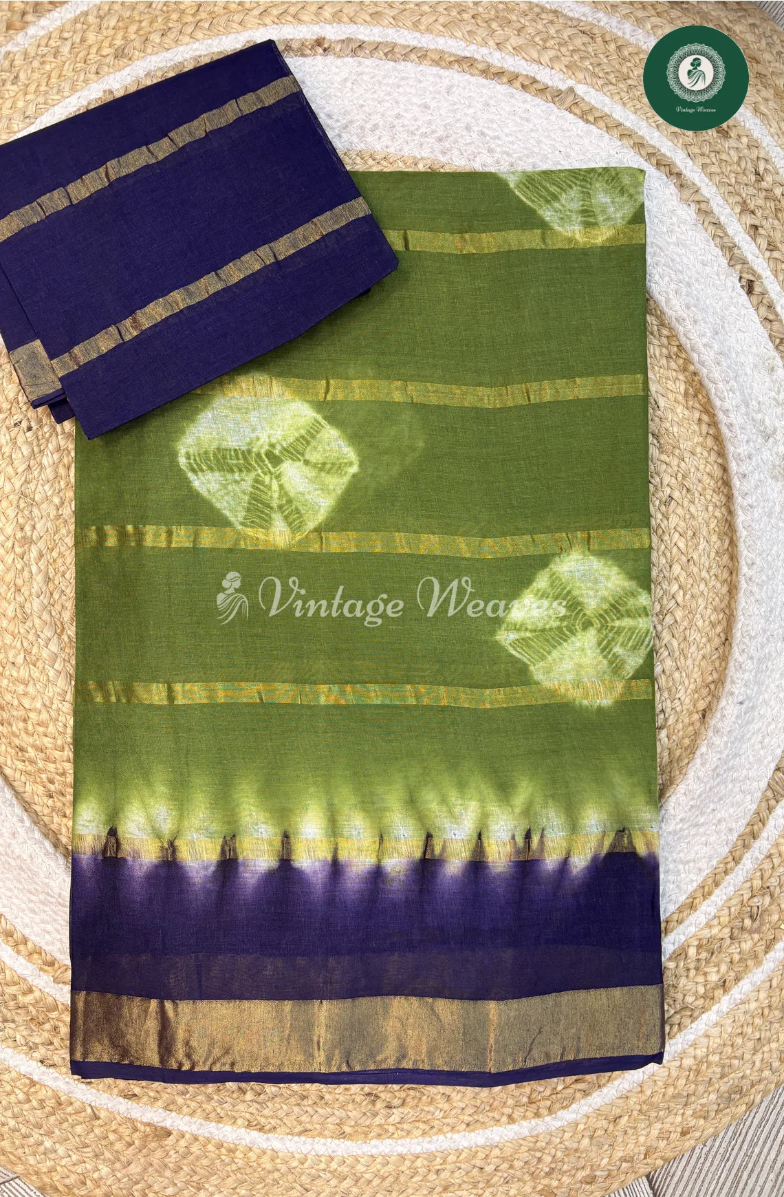 Daily Wear Cotton Saree-Green With Blue
