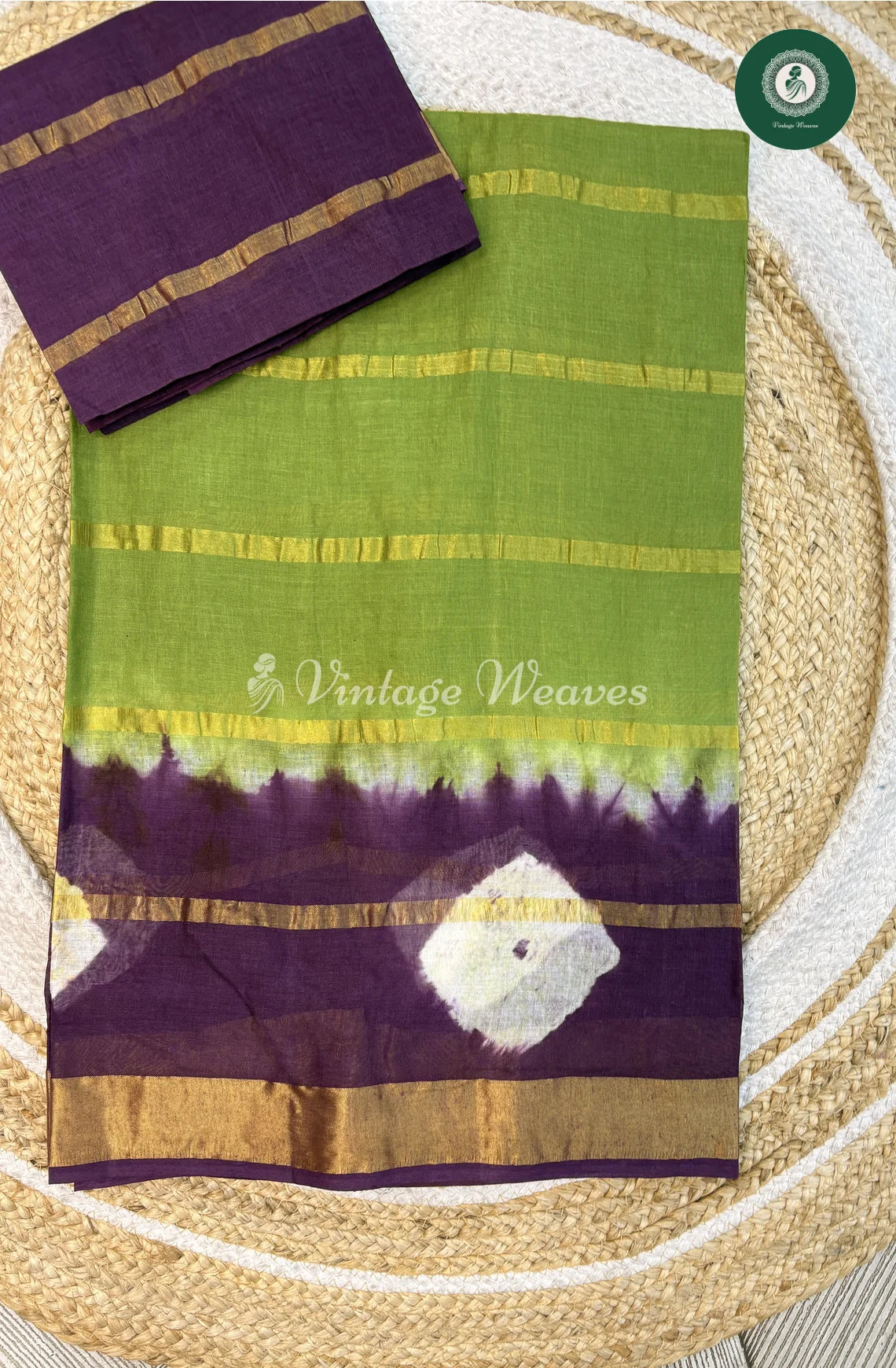 Daily Wear Cotton Saree-Green with Purple