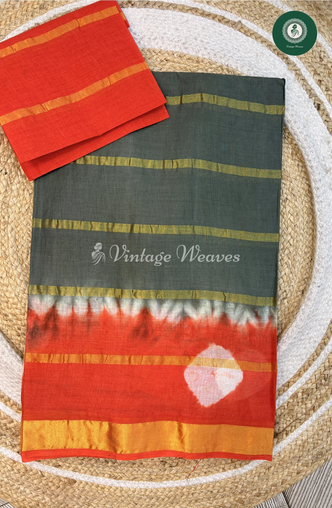 Daily Wear Cotton Saree-Grey With Orange