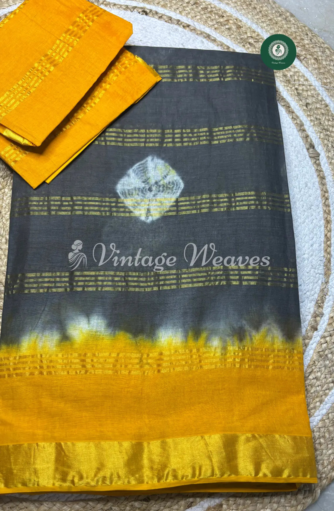 Daily Wear Cotton Saree-Grey With Yellow