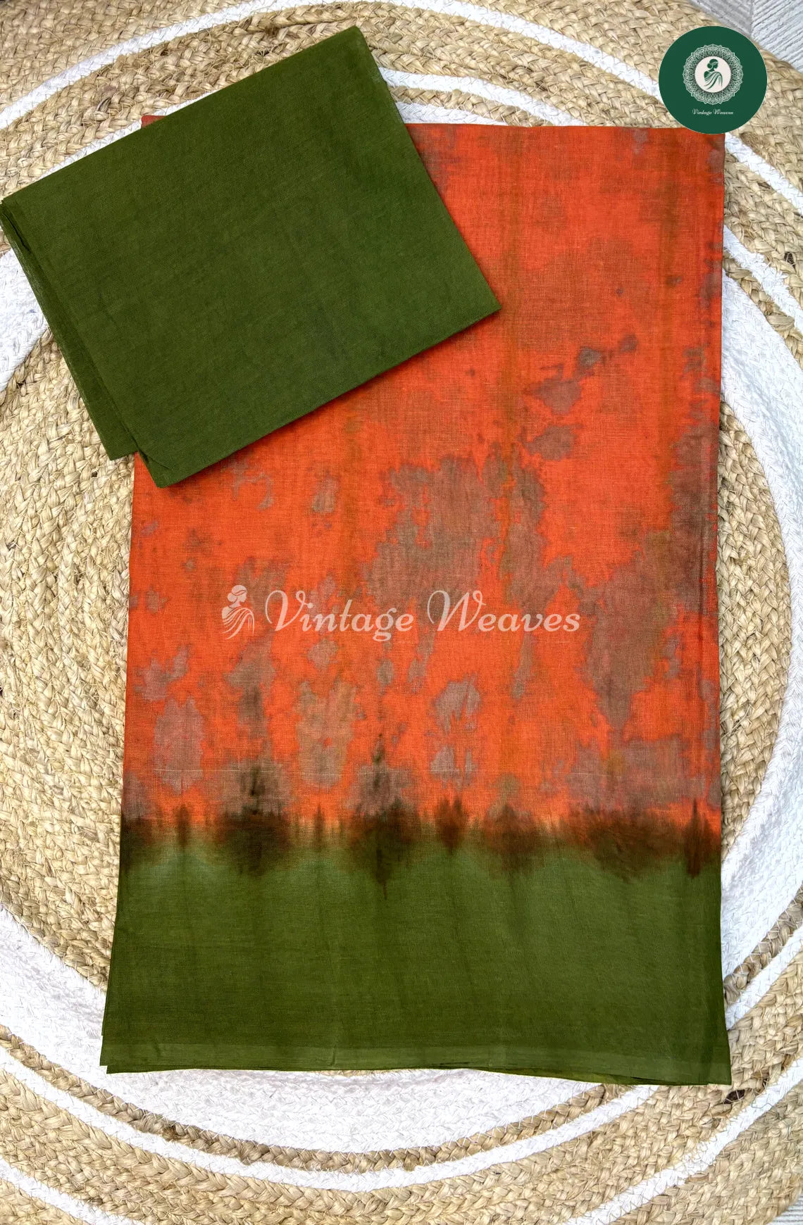 Daily Wear Cotton Saree-Orange With Green