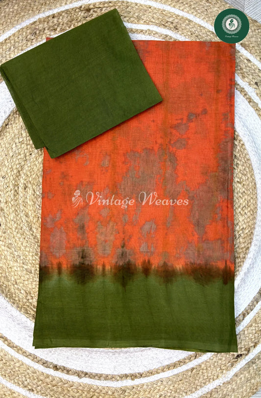 Daily Wear Cotton Saree-Orange With Green