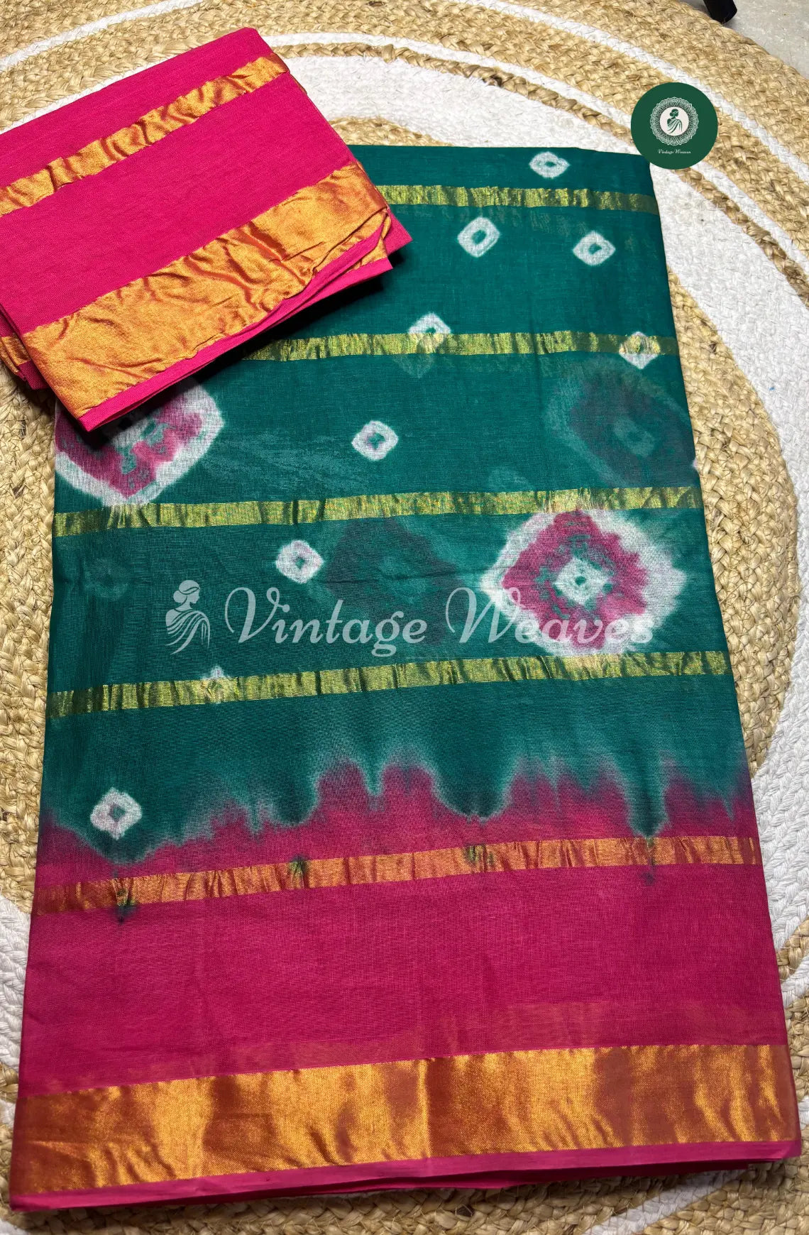 Daily Wear Cotton Saree-RamaGreen With Pink