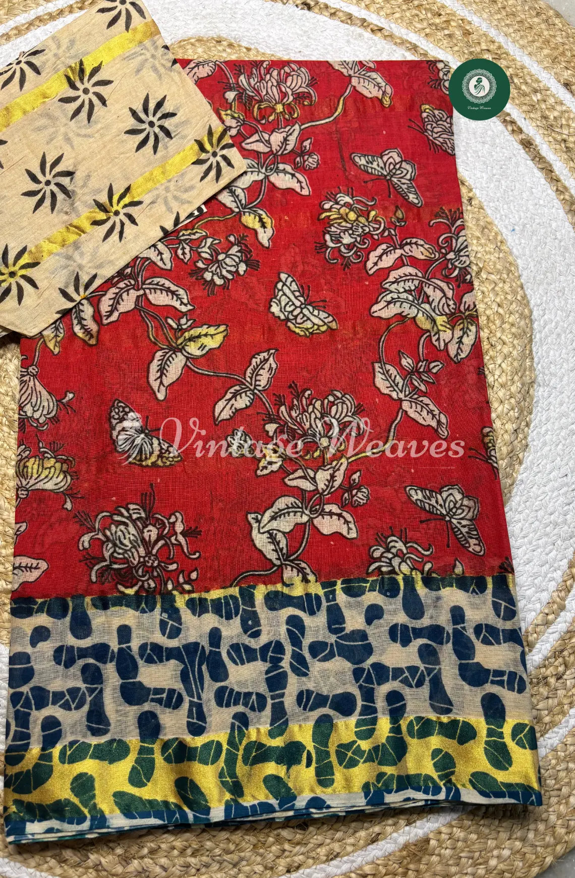 Daily Wear Cotton Saree-Red With Sandel
