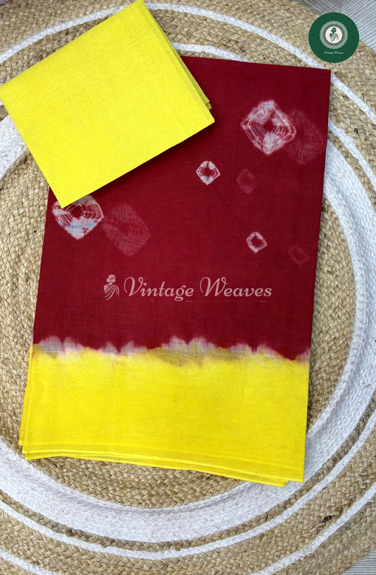 Daily Wear Cotton Saree-Red With Yellow