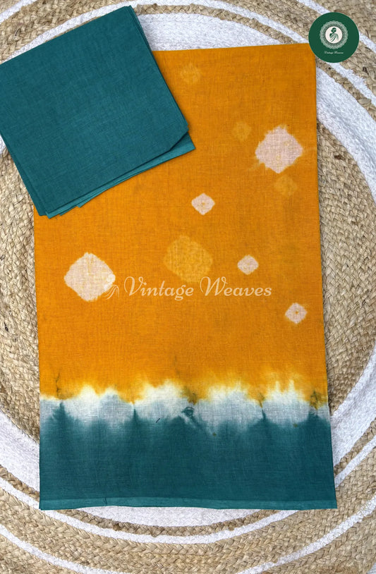 Daily Wear Cotton Saree Bandhini-Yellow With RamaGreen