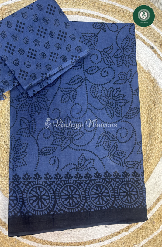 Daily Wear Cotton Saree Flower-DarkBlue