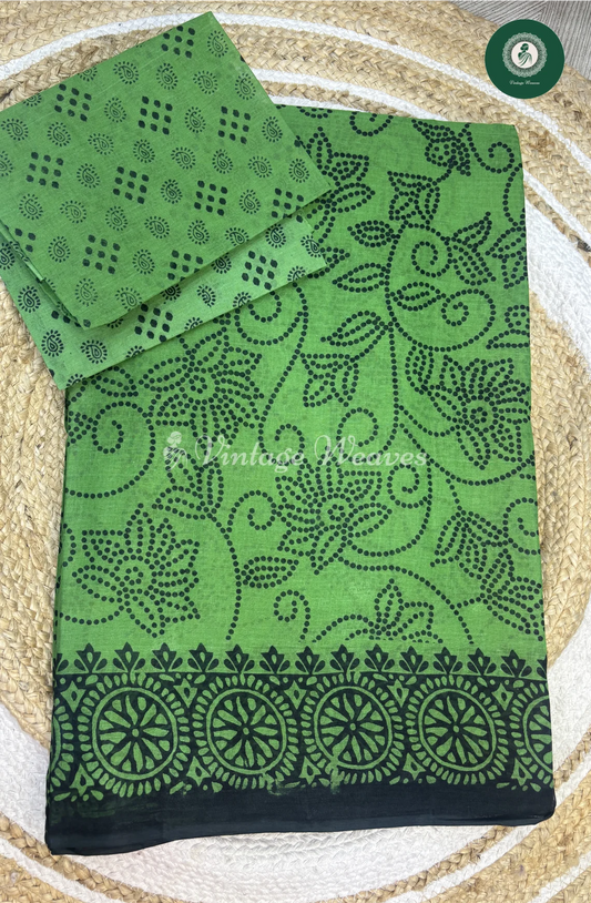Daily Wear Cotton Saree Flower-Green