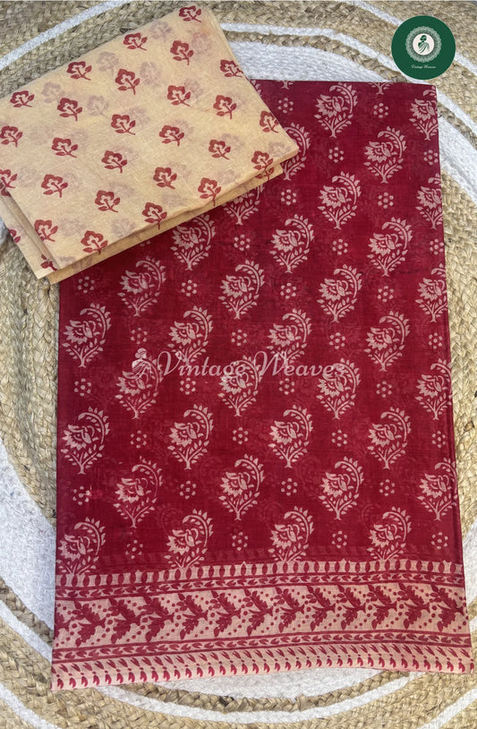 Daily Wear Cotton Saree Flower -Red