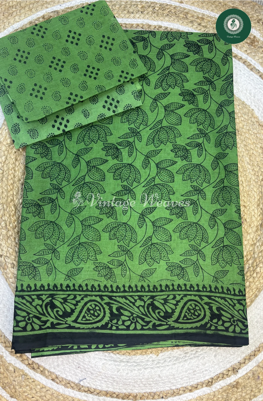 Daily Wear Cotton Saree Lotus-Green