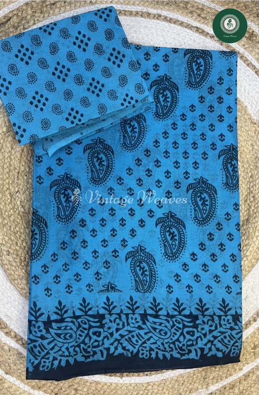 Daily Wear Cotton Saree Mango-Blue